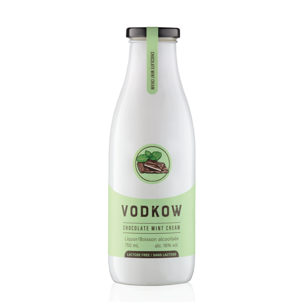 Bottle of Vodkow Chocolate Mint Cream Liquor on a white background